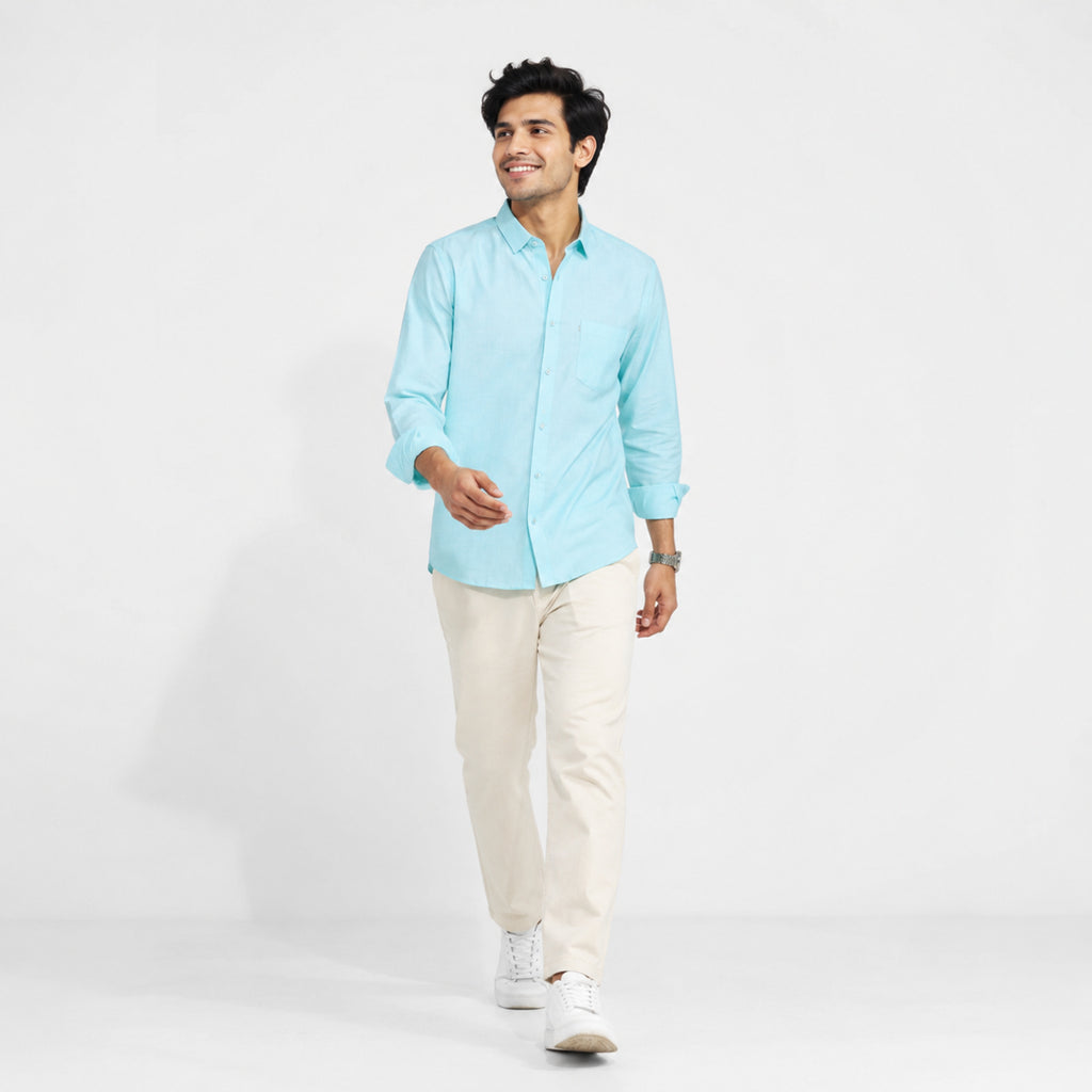 Men's Sky Blue Solid Formal Cotton Shirt-4