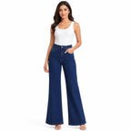 Women's High Rise Wide Leg Flared Jeans | Stylish Dark Blue Stretch Denim Palazzo Jeans for Women-1