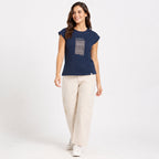 Women's Peacock Blue Graphic Print Cap Sleeve T-Shirt | Casual Cotton Everyday Top-1