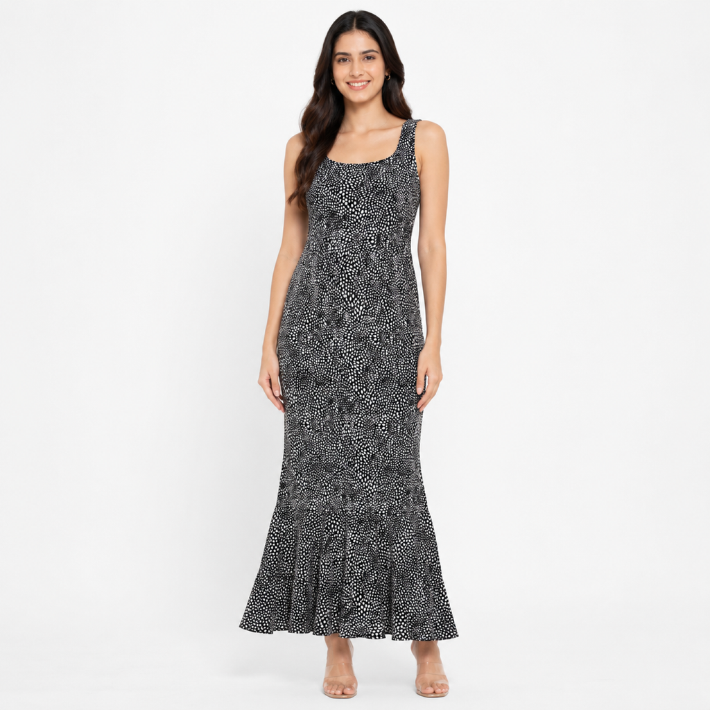 Women's Black Animal Print Sleeveless Mermaid Maxi Dress-3