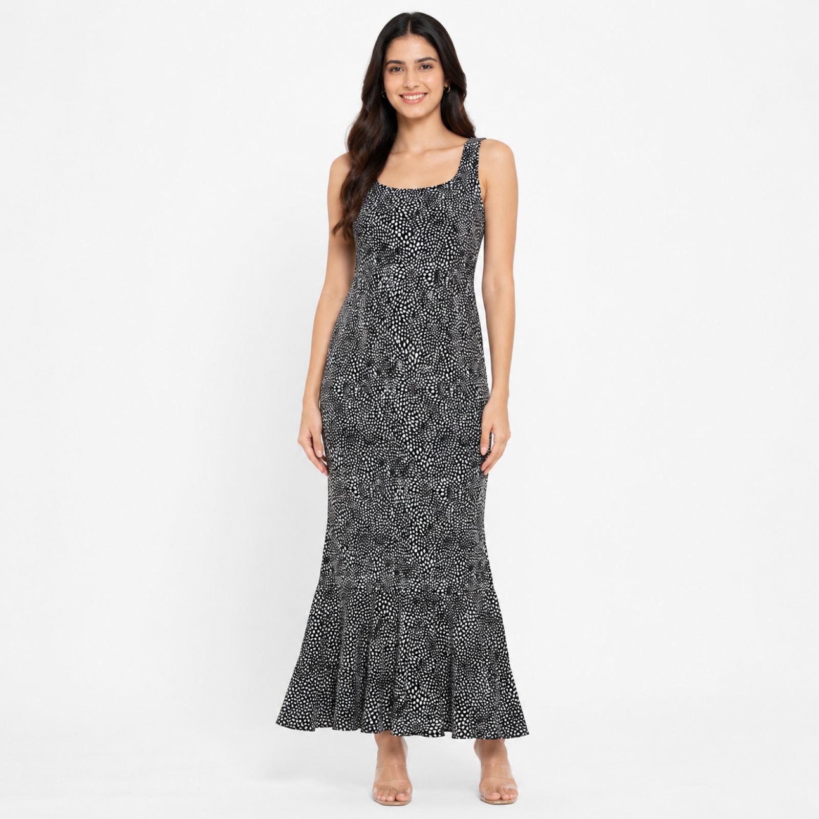 Women's Black Animal Print Sleeveless Mermaid Maxi Dress-3