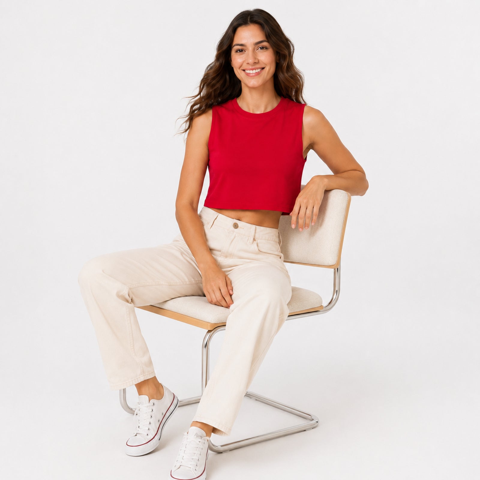 Women's Red High Neck Sleeveless Relaxed Crop Top | Solid Boxy Casual Top-2