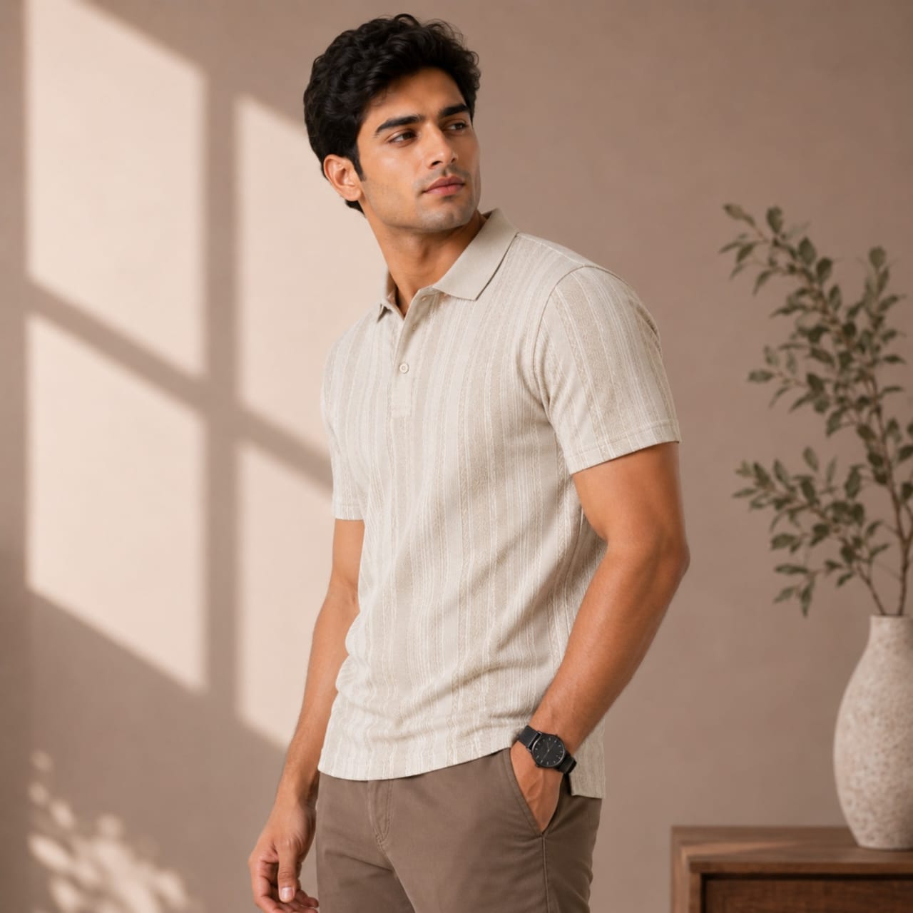 Men's Sand Beige Textured Polo T-Shirt-2