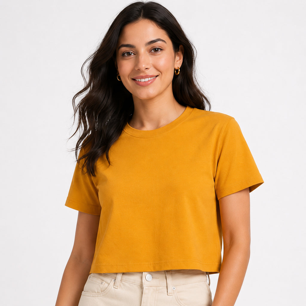 Women's Mustard Crop T-Shirt | Casual Round Neck Everyday Cotton Tee-3