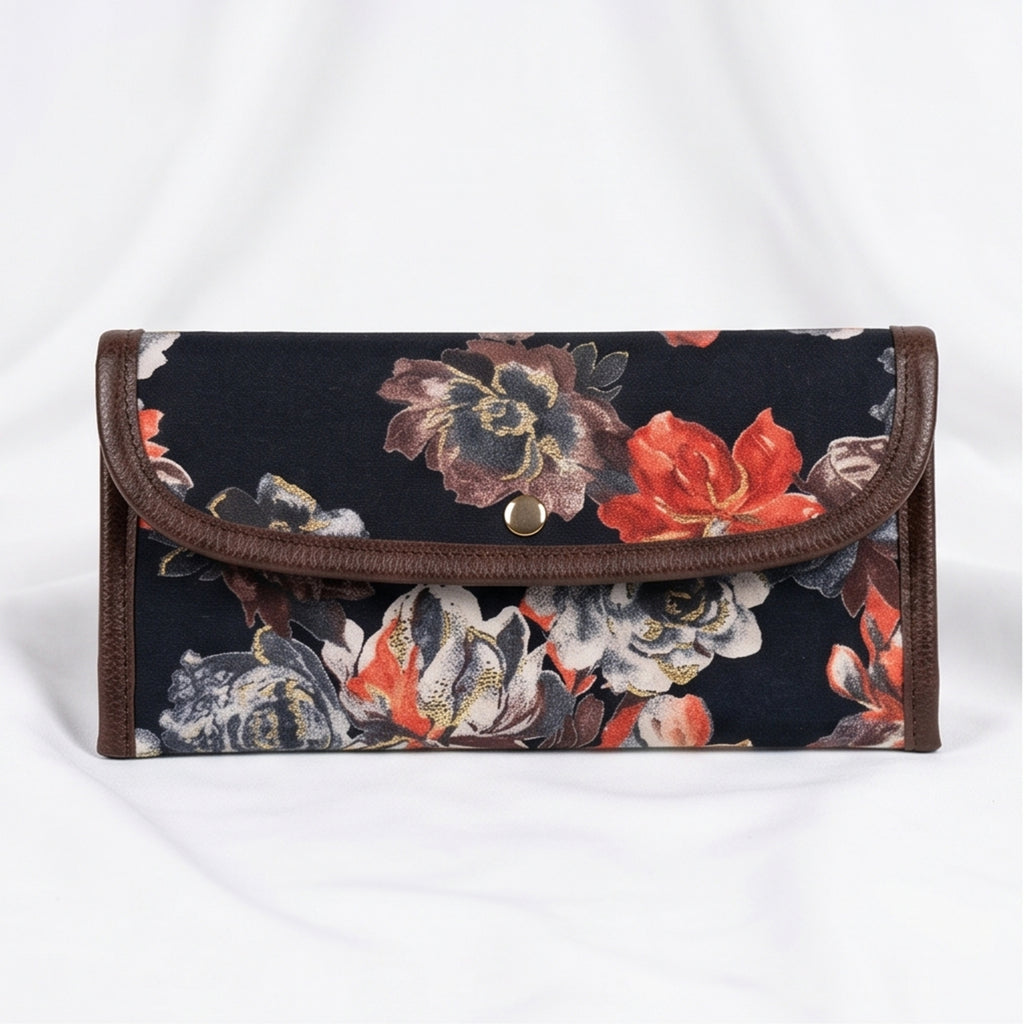 Women's Navy Blue Floral Print Long Wallet | Stylish Ladies Clutch Wallet with Snap Closure-1