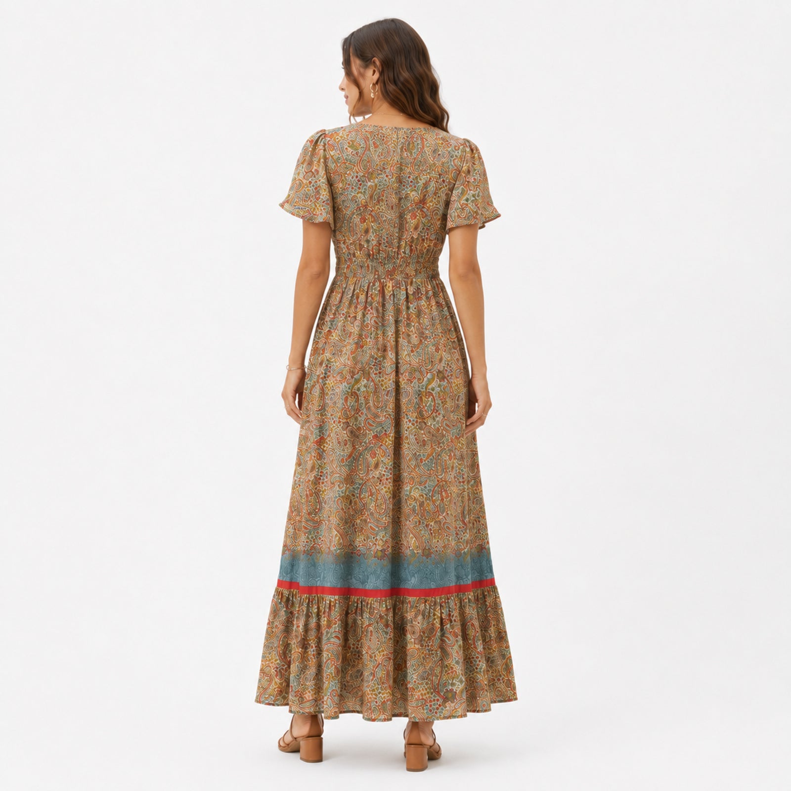 Women's Maroon Paisley Printed V-Neck Maxi Dress-4