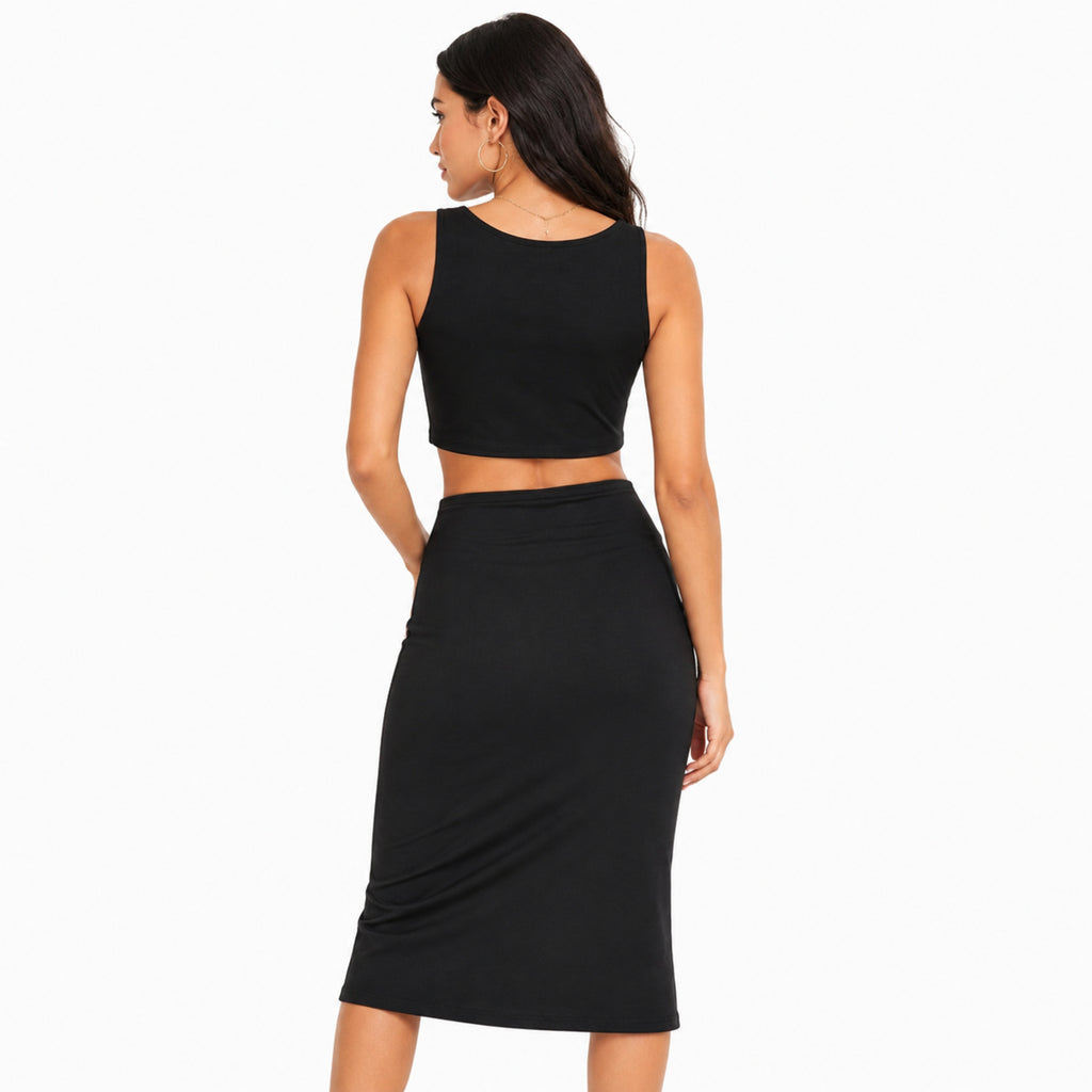 Women's Black Sleeveless Crop Top and Midi Skirt Co-Ord Set-4