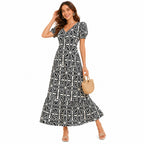 Women's Printed V-Neck Midi Dress with Puff Sleeves-4