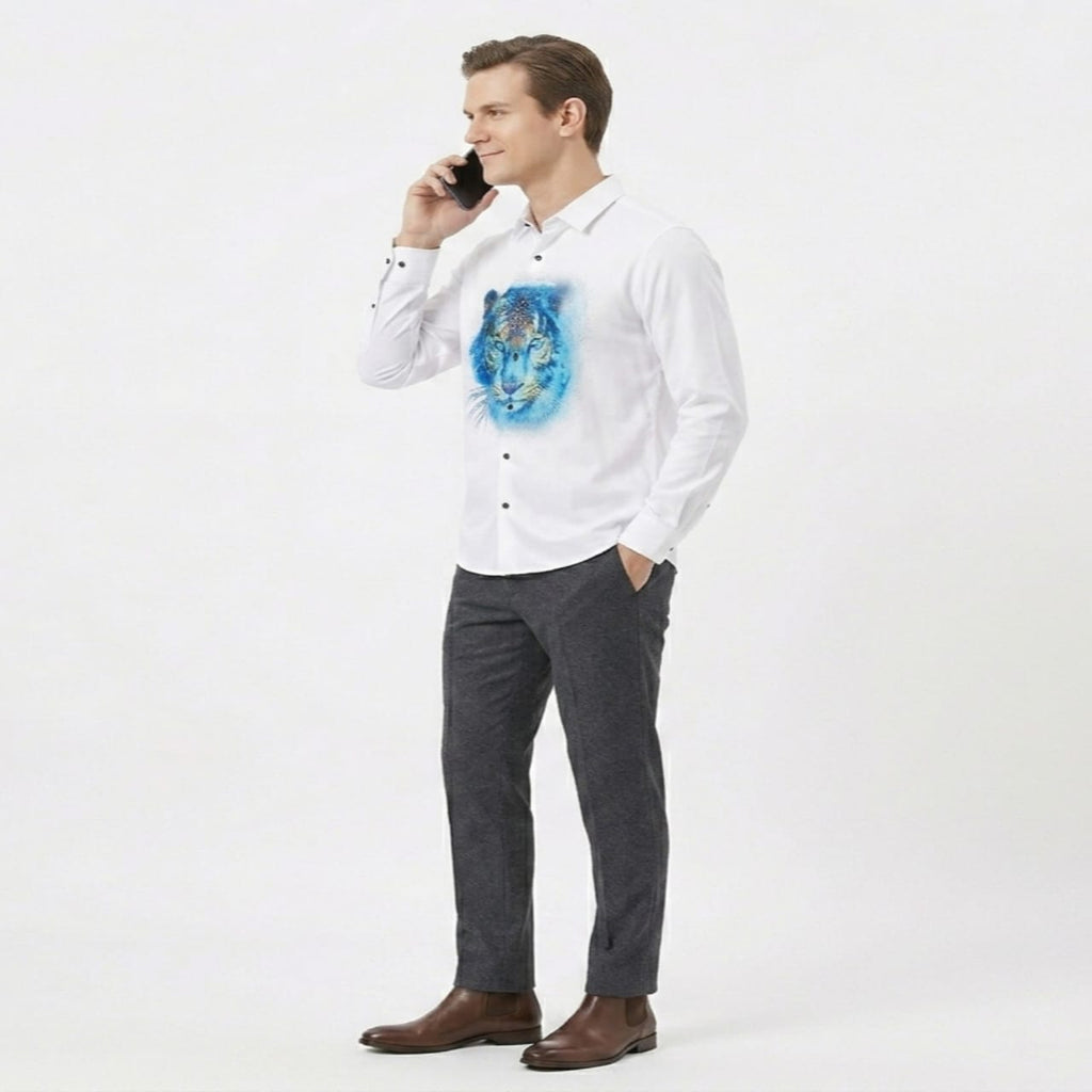 Men's White Tiger Graphic Casual Shirt-2