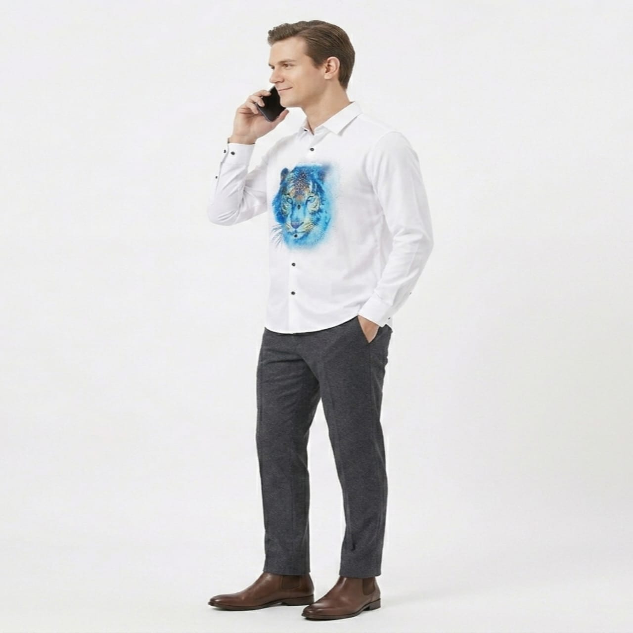 Men's White Tiger Graphic Casual Shirt-2