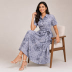 Women's Chic Botanical Print Collared Flare Shirt Dress-2