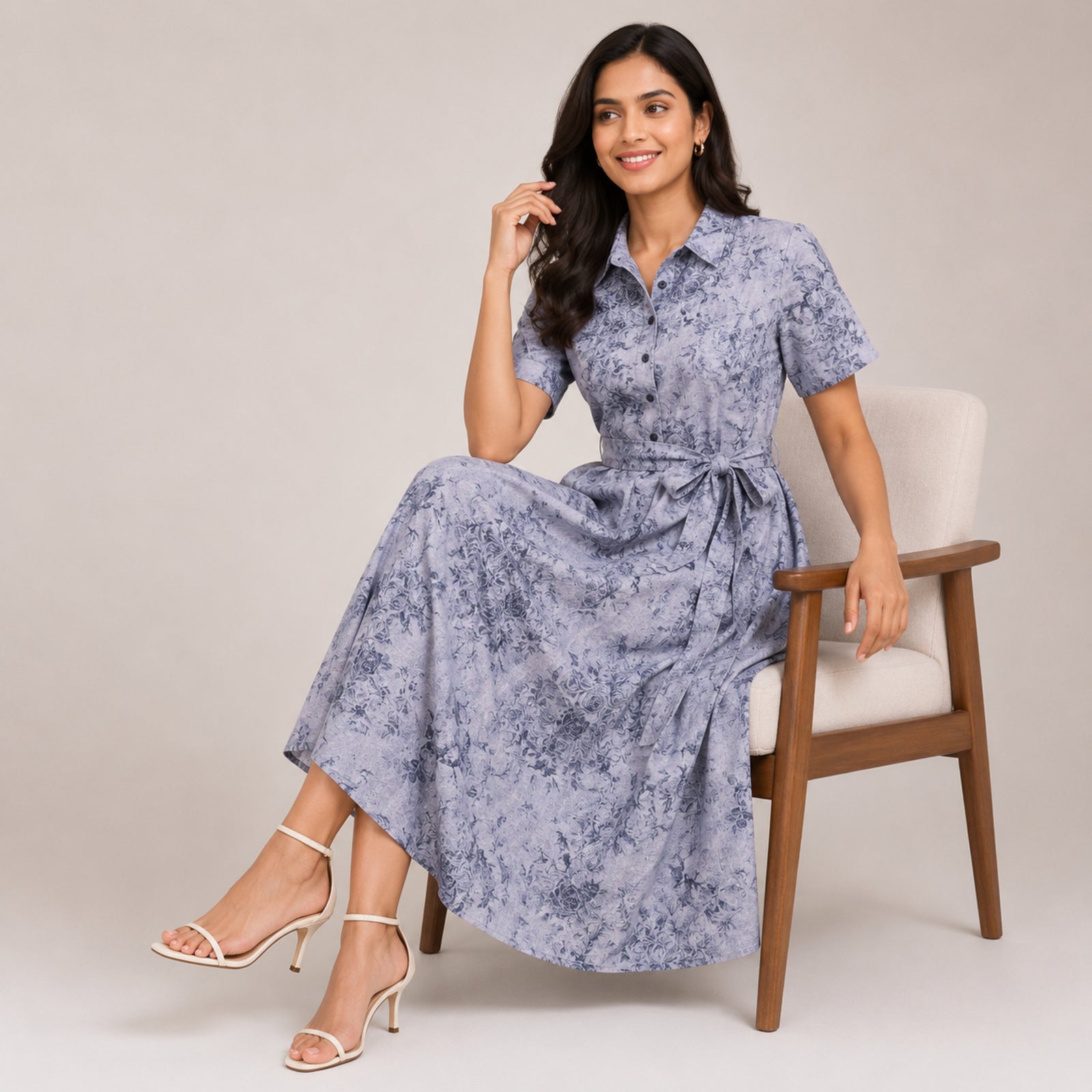 Women's Chic Botanical Print Collared Flare Shirt Dress-2