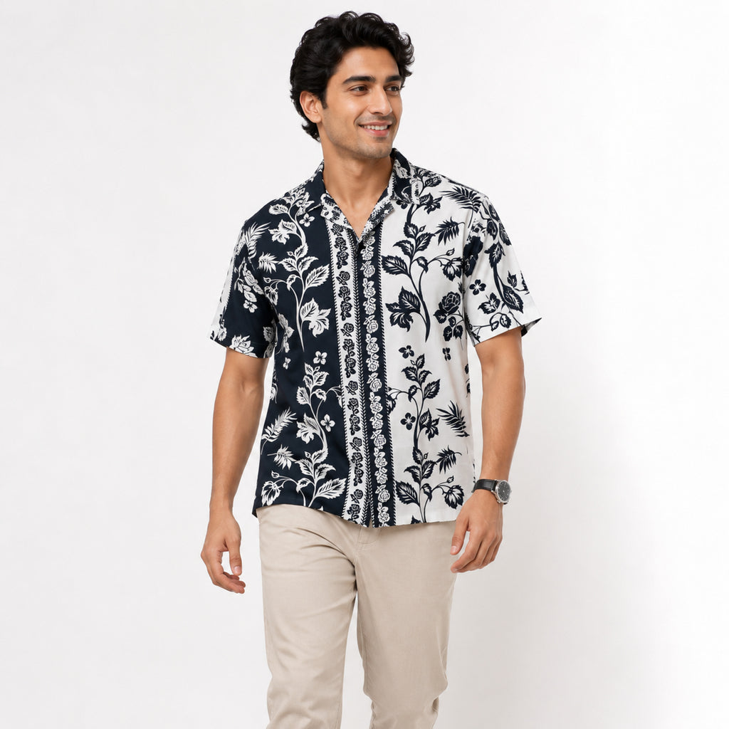 Men's Dark Blue Floral Print Half Sleeve Casual Shirt-2