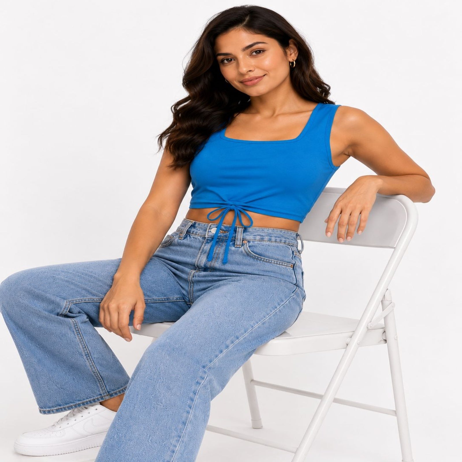 Women's Sovereign Teal Square-Neck Tank Crop Top with Adjustable Hemline Drawstring-3
