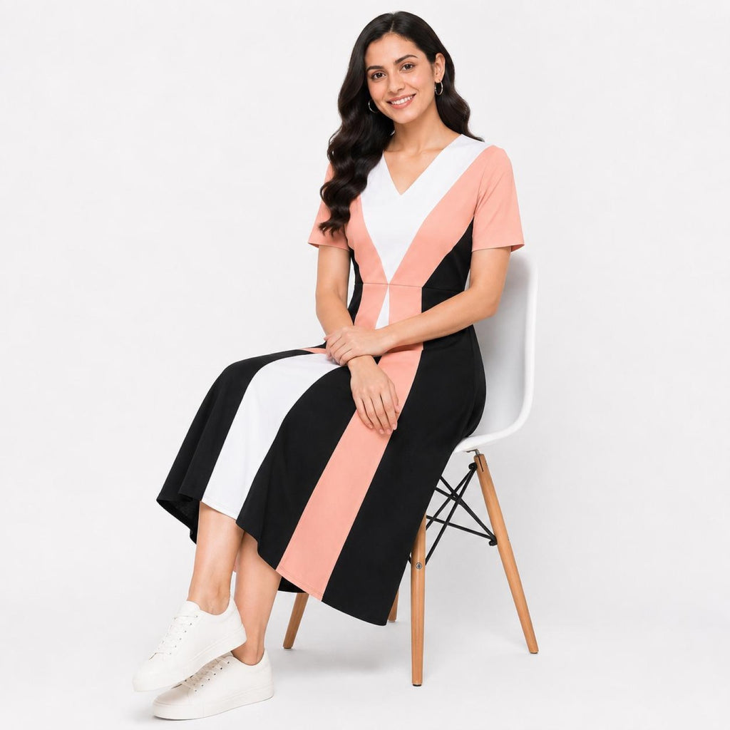 Women's Peach Color Block V-Neck Fit & Flare Midi Dress-3
