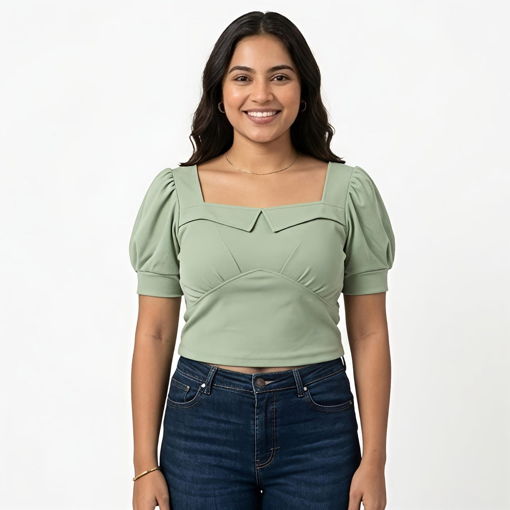 Women's Elegant Square Neck Puff Sleeve Top – Mint Green-2