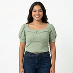 Women's Elegant Square Neck Puff Sleeve Top – Mint Green-2