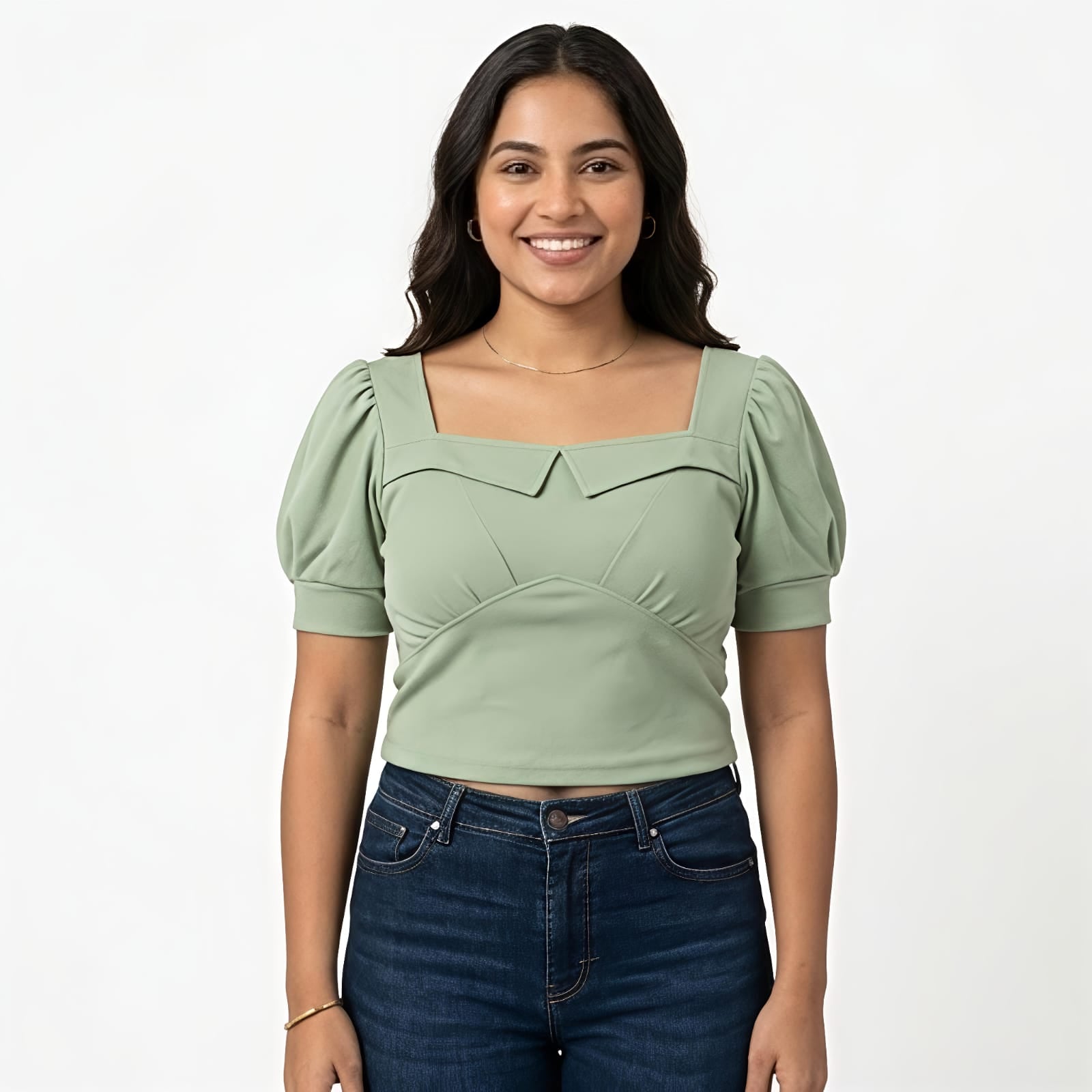 Women's Elegant Square Neck Puff Sleeve Top – Mint Green-2