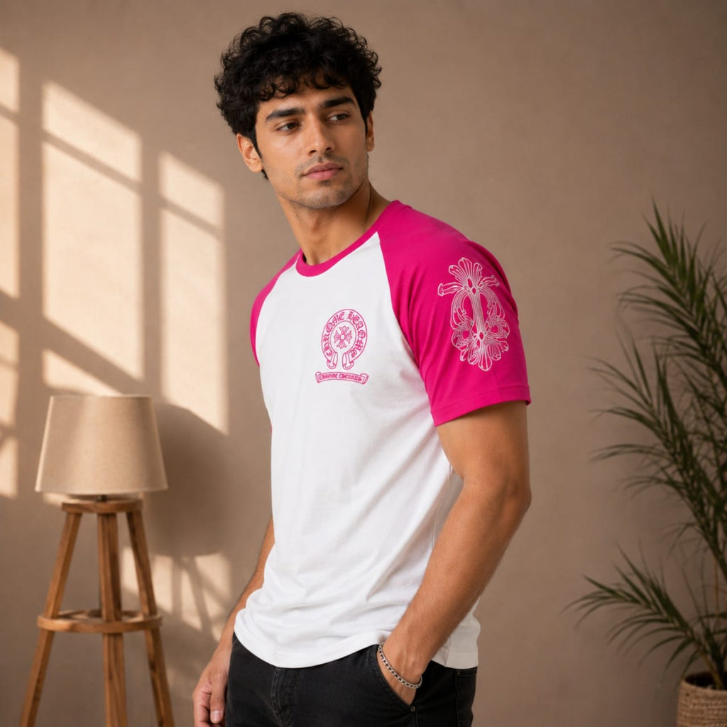 Men's Neon Pink Raglan Graphic Casual T-Shirt-2