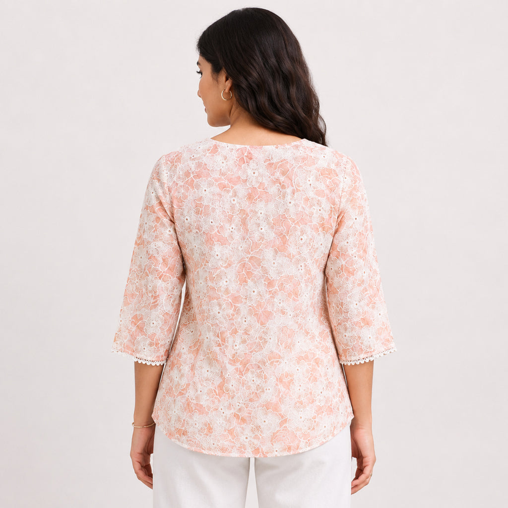 Women's Peach Floral Lace Top | Elegant Semi-Sheer Casual Party Wear Top for Women-4