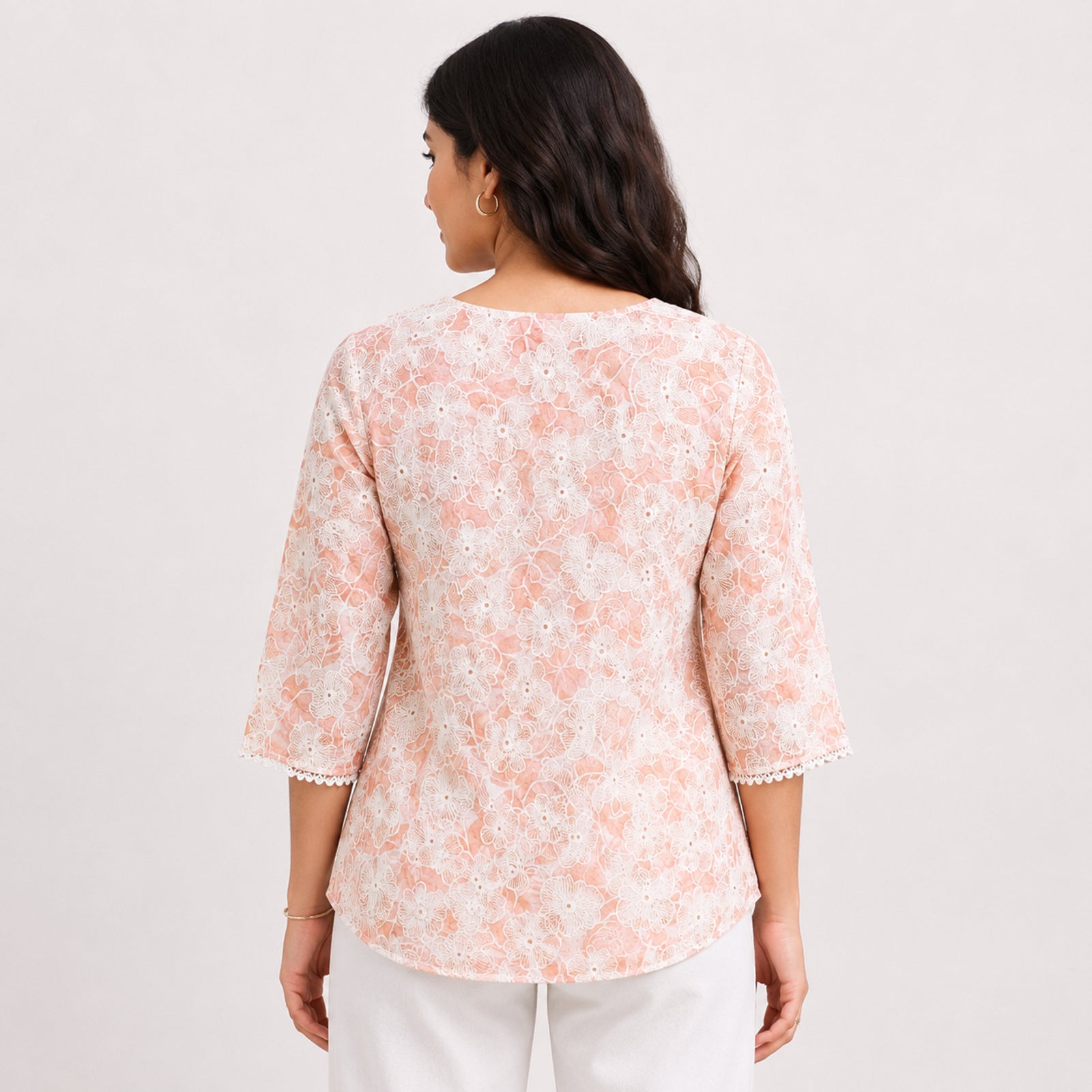 Women's Peach Floral Lace Top | Elegant Semi-Sheer Casual Party Wear Top for Women-4