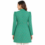 Women’s Turquoise Floral Printed Jacket – Full Sleeve Longline Ethnic Jacket with Button-Front Design-4