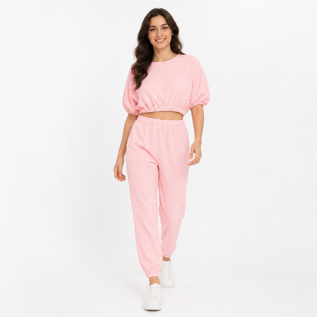 Women's Baby Pink Co-Ord Set | Casual Crop Top & Jogger Lounge Wear Set-1