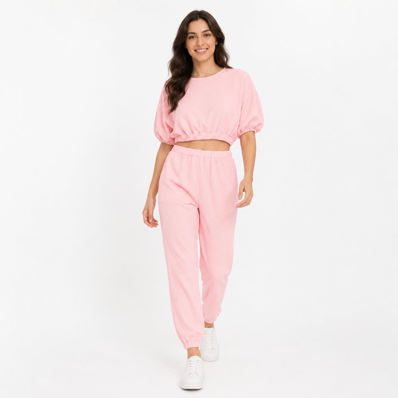 Women's Baby Pink Co-Ord Set | Casual Crop Top & Jogger Lounge Wear Set-1