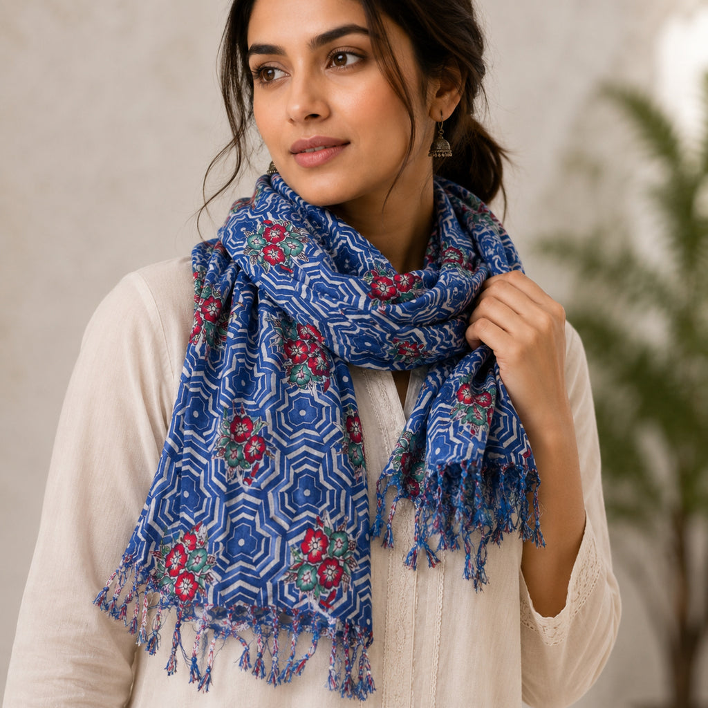 Women's Blue Geometric Printed Tassel Scarf-3