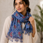Women's Blue Geometric Printed Tassel Scarf-3