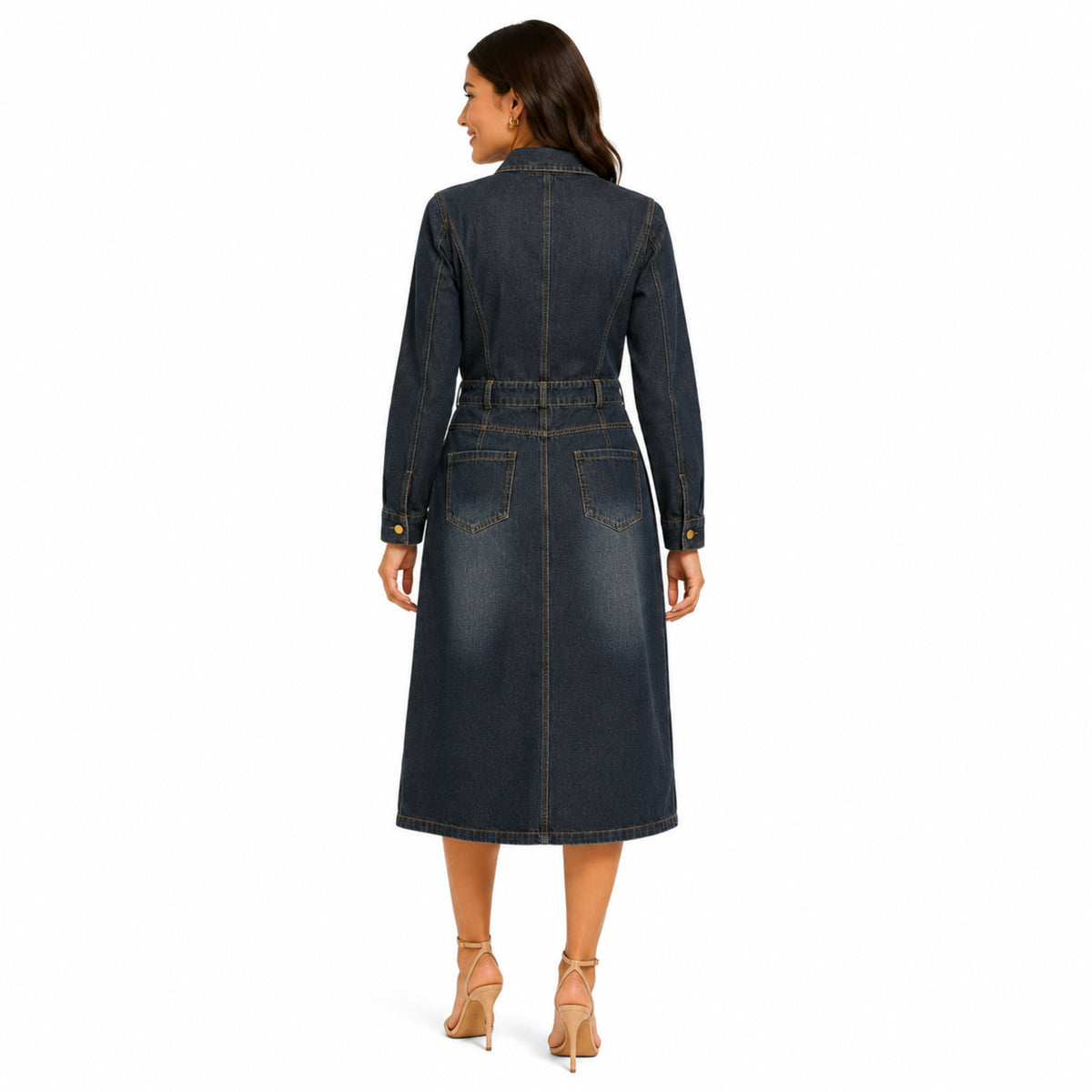 Dark Indigo Denim Shirt Dress – Tailored Midi Silhouette-4