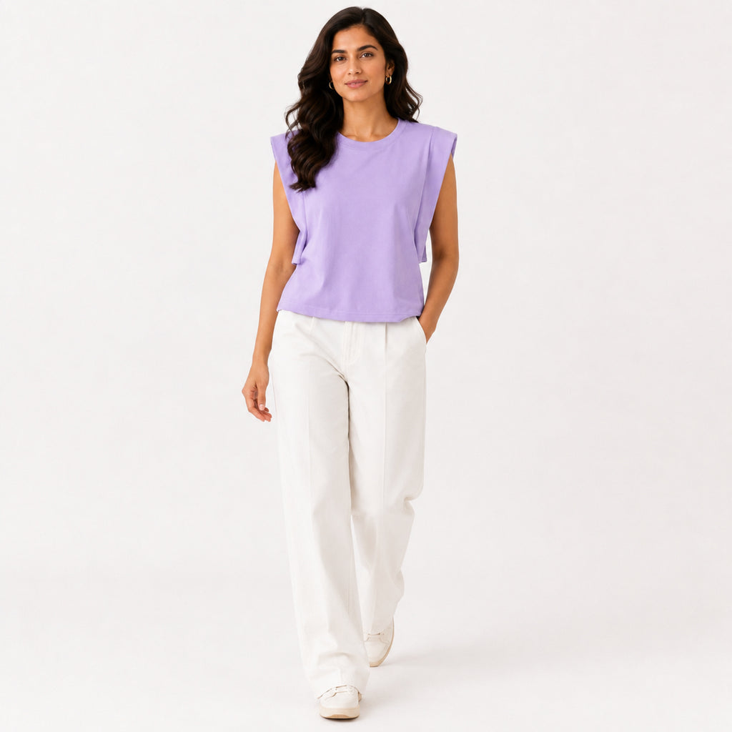 Women's Lavender Padded Shoulder Sleeveless Top | Solid Relaxed Fit Muscle Tee-1