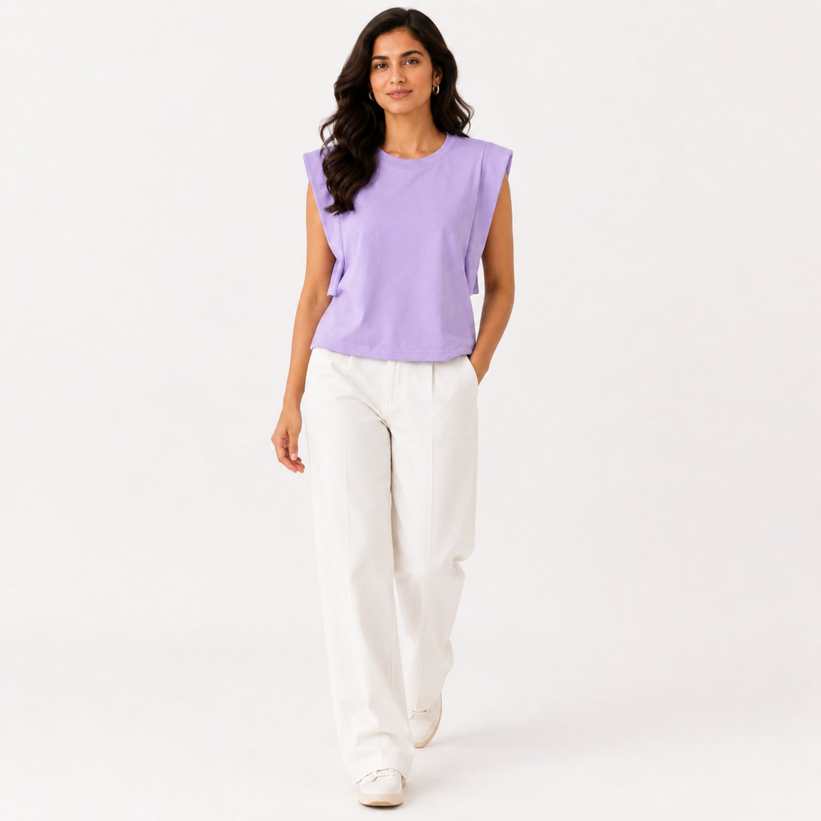 Women's Lavender Padded Shoulder Sleeveless Top | Solid Relaxed Fit Muscle Tee-1