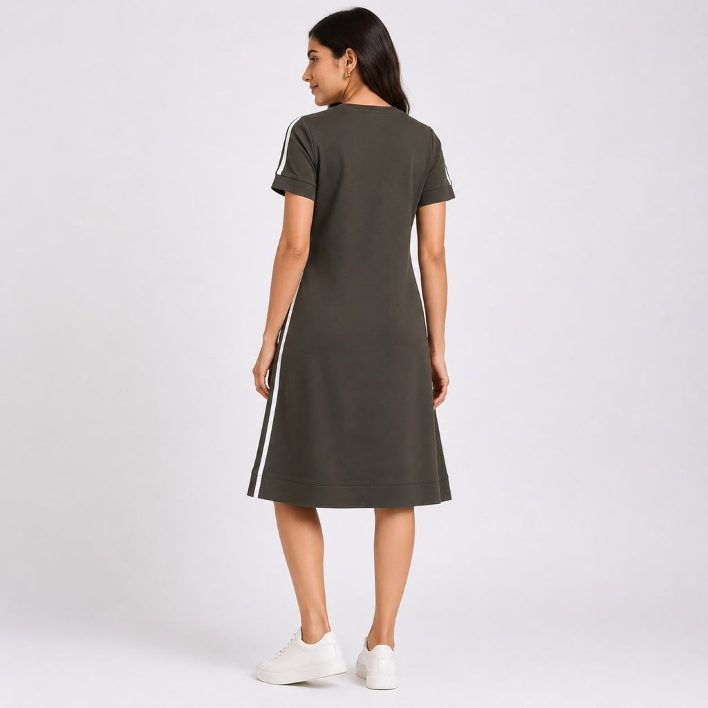Women's Olive Green Casual A-Line Dress | Stylish Side Stripe Knee Length Everyday Comfort Dress-4
