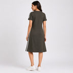Women's Olive Green Casual A-Line Dress | Stylish Side Stripe Knee Length Everyday Comfort Dress-4