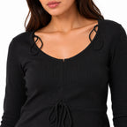 Women's Black Tie-Front Long Sleeve Cropped Casual Top-3