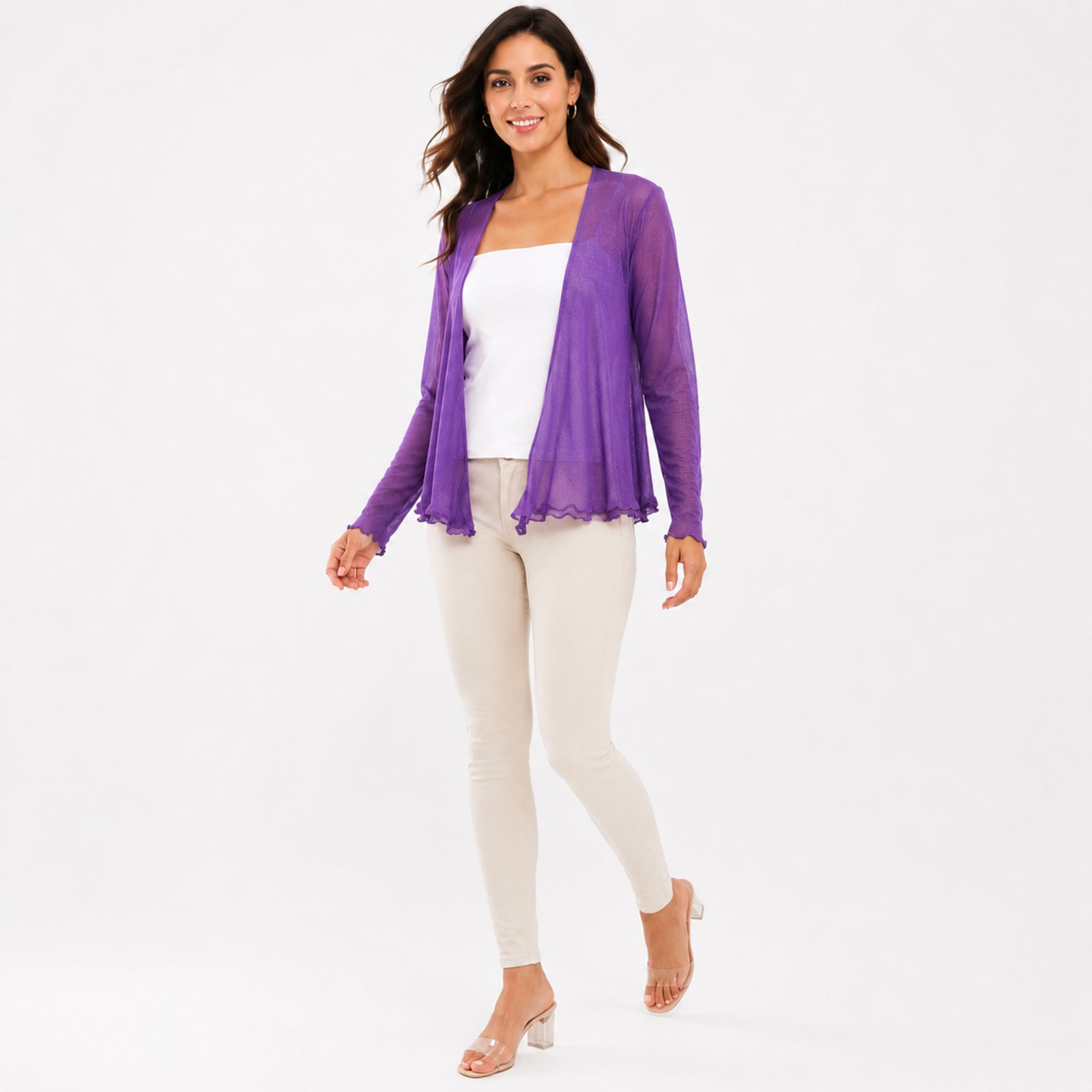 Women's Purple Sheer Open Front Shrug | Lightweight Mesh Layering Cardigan-1