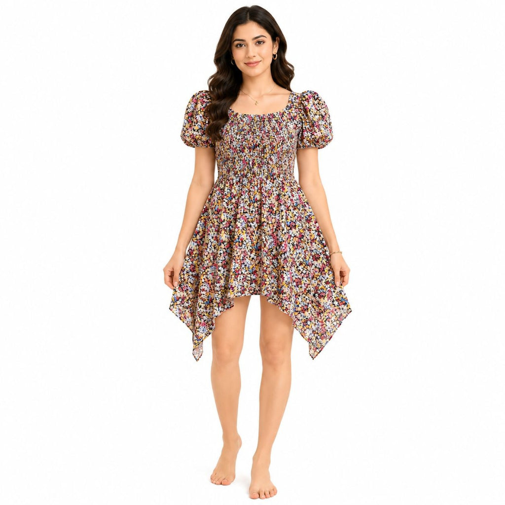 Women's Multicolor Floral Print Smocked Puff Sleeve Handkerchief Mini Dress-2