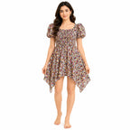 Women's Multicolor Floral Print Smocked Puff Sleeve Handkerchief Mini Dress-2