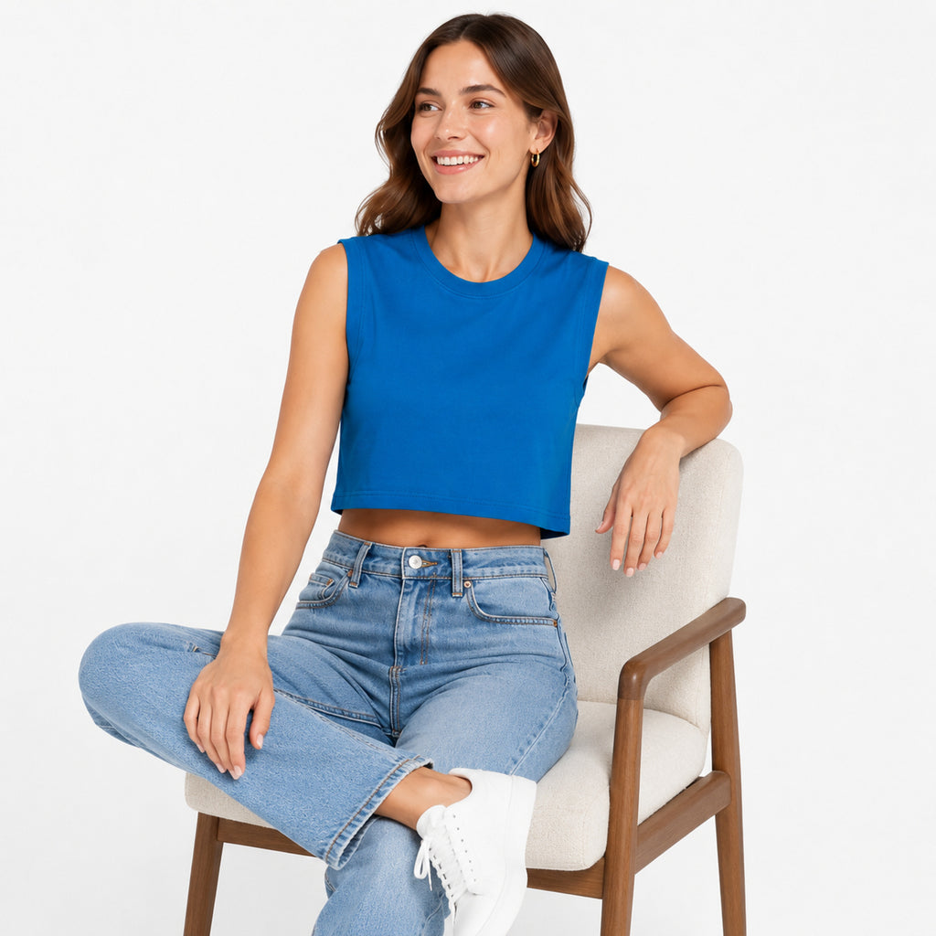 Women's Teal Sleeveless Crop Top | Round Neck Solid Casual Crop Tank-3