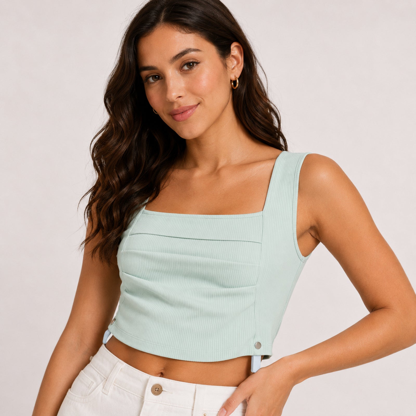 Women's Peach Square Neck Sleeveless Crop Top-3