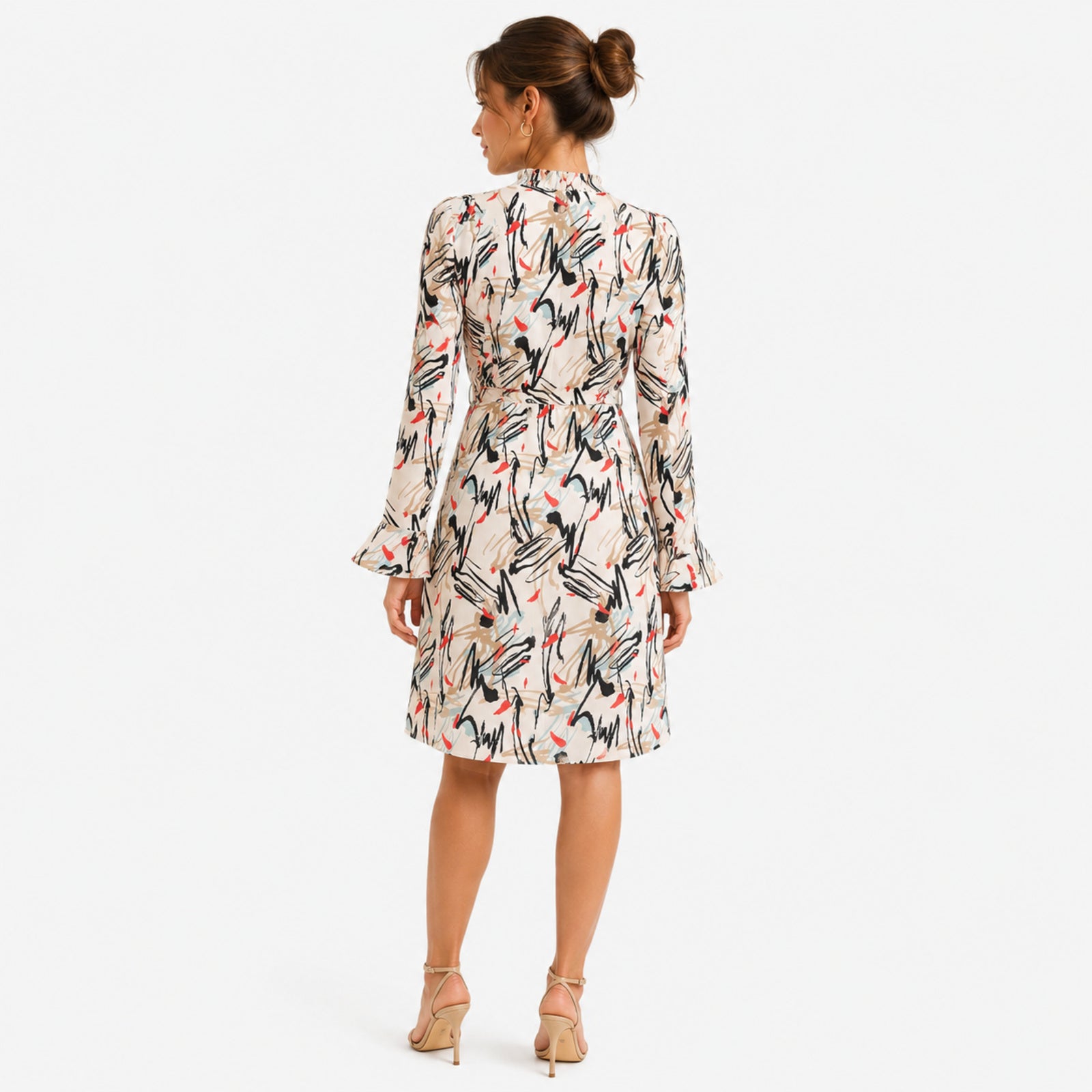 Women's Cream Abstract Printed Fit & Flare Mini Dress-3