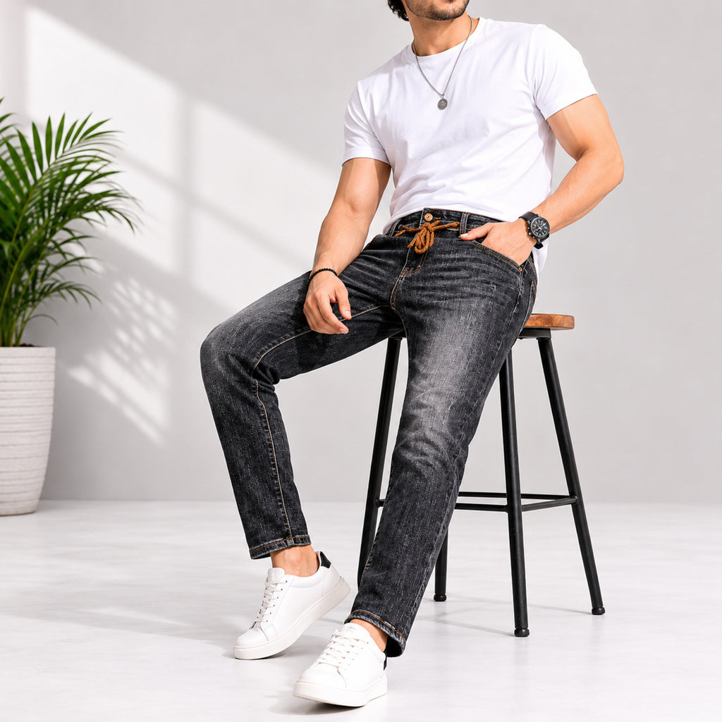 Men's Dark Grey Slim Fit Casual Denim Jeans-3