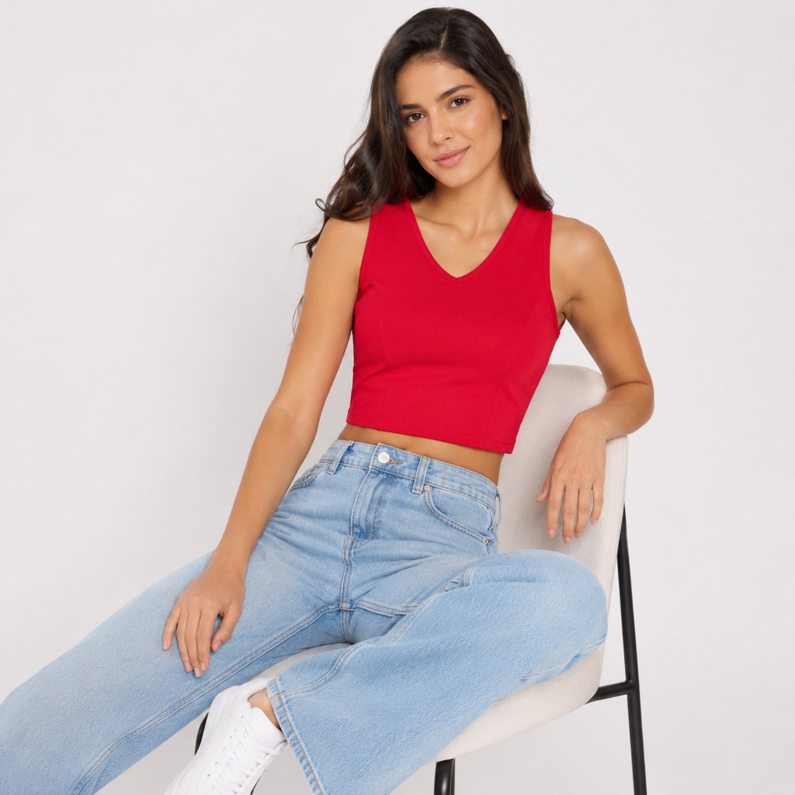 Women's Red V-Neck Sleeveless Fitted Crop Top | Solid Casual Top-2