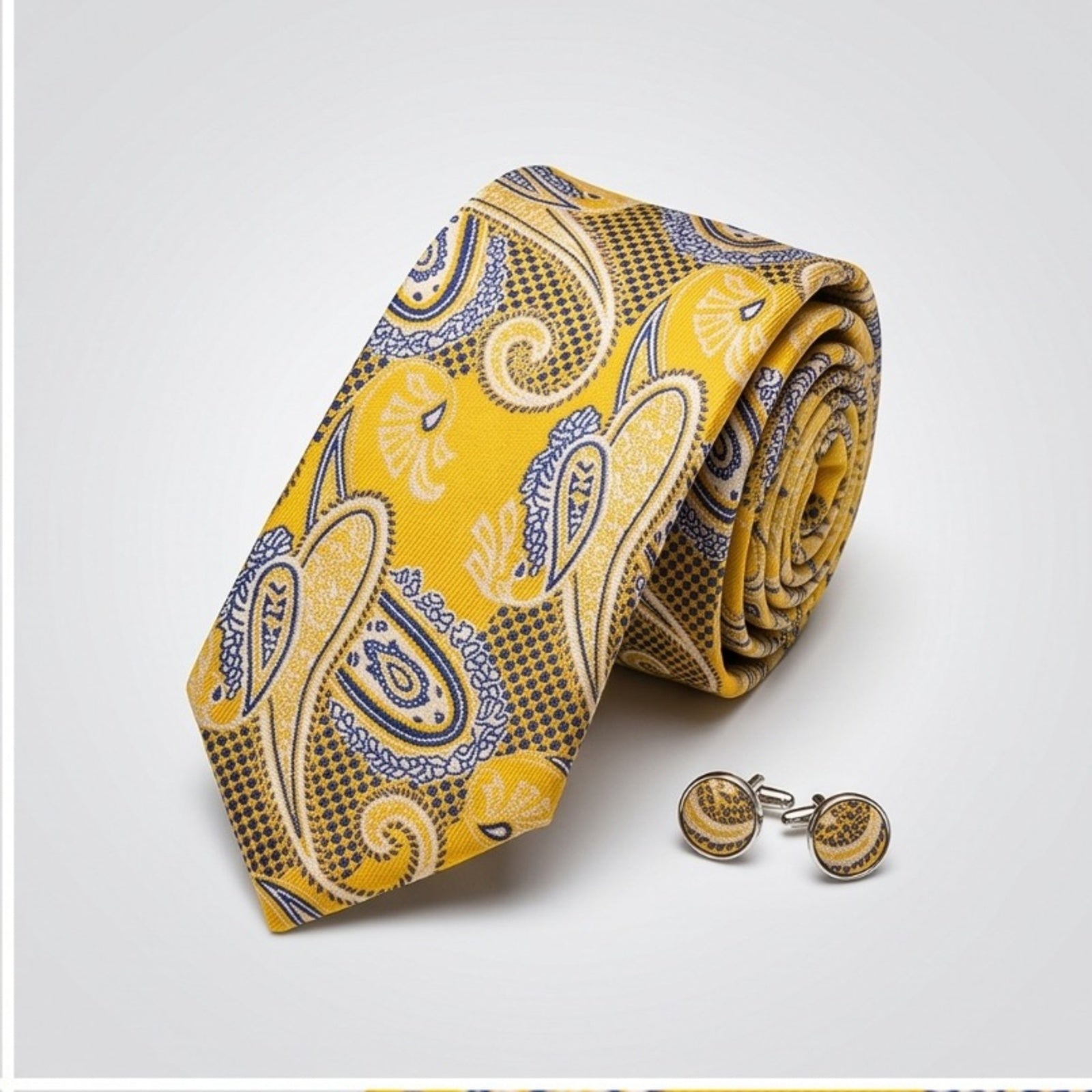 Men's Luxury Paisley-Patterned Yellow Silk Formal Necktie-4