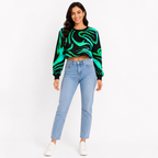 Women's Green Abstract Print Long Sleeve Crop Sweatshirt-3