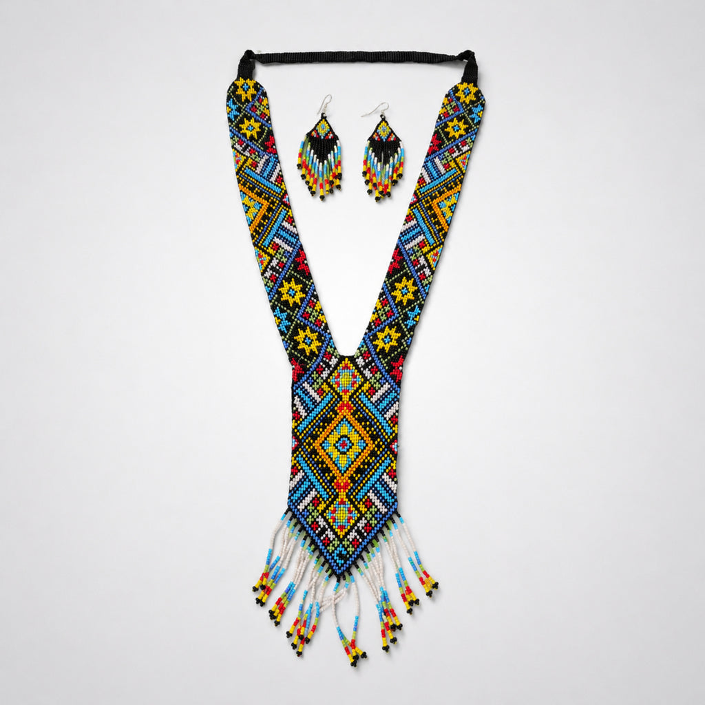 Women's Azure Horizon Geometric Hand-Beaded Jewelry Set with Fringe Necklace and Drop Earrings-2