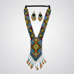 Women's Azure Horizon Geometric Hand-Beaded Jewelry Set with Fringe Necklace and Drop Earrings-2