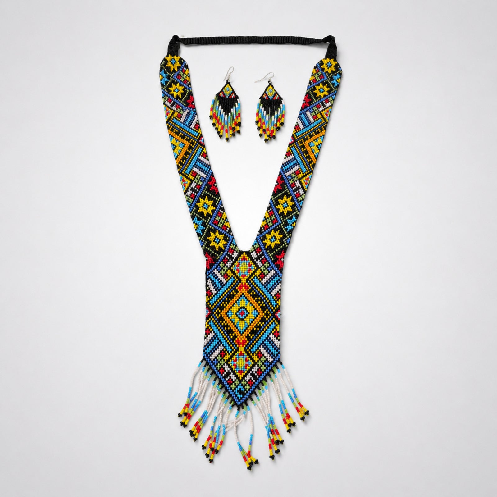 Women's Azure Horizon Geometric Hand-Beaded Jewelry Set with Fringe Necklace and Drop Earrings-2