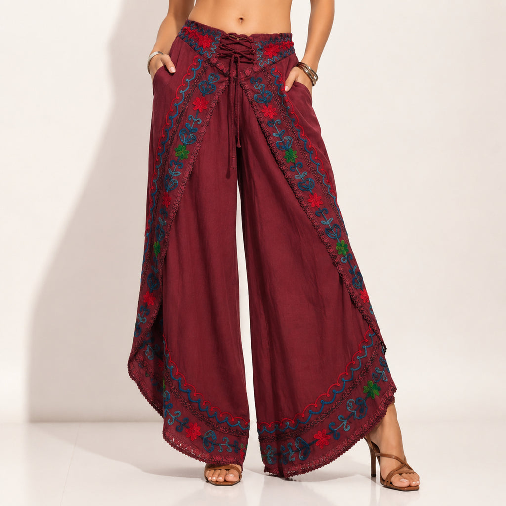 Women's Bohemian Maroon Embroidered Wrap Overlapping Palazzo Trousers-2